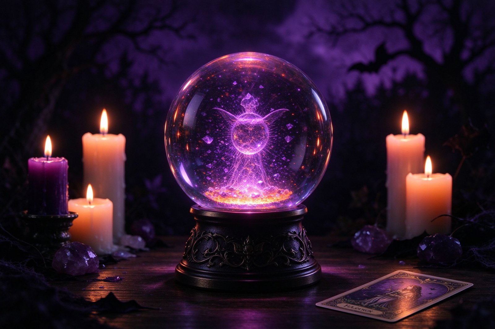 A glowing crystal ball on a dark mystic table