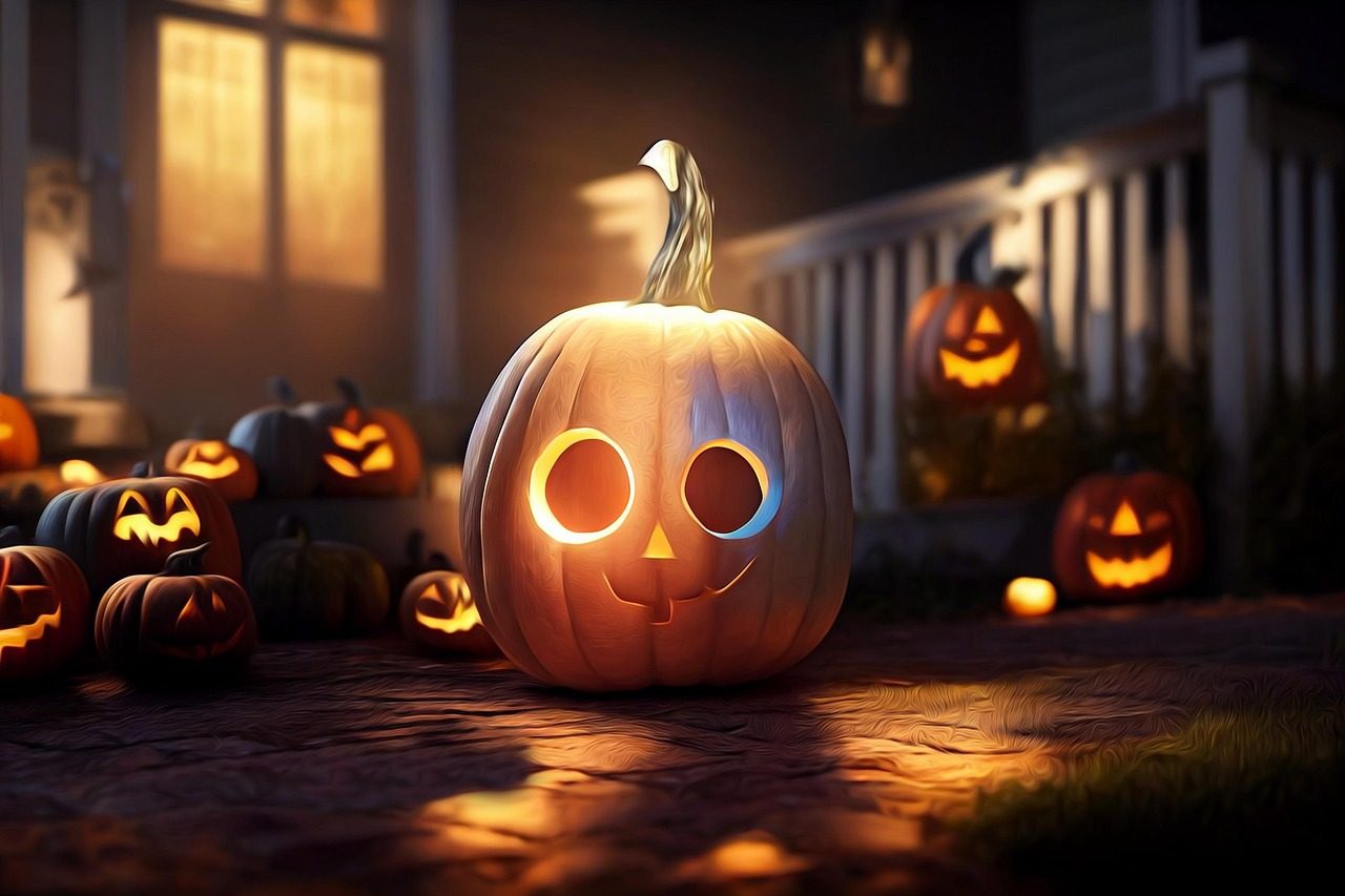 Glowing carved jack-o-lantern on a doorstep